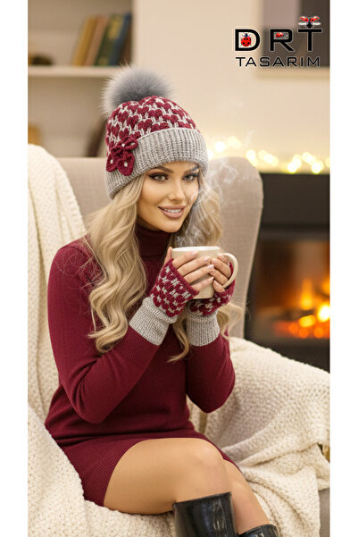 drt tasarım Heart Patterned Gray Burgundy Pompom Beret and Gloves Set