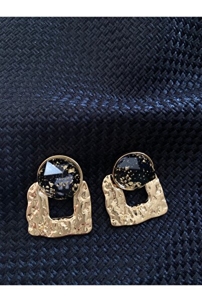 JEWELRY Black Stone Detailed Textured Gold Earrings