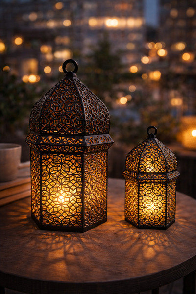 edoy Siyah Dekoratif Ramazan Feneri Mumluk 2li Set | Oriental Salon Balkon Ba...