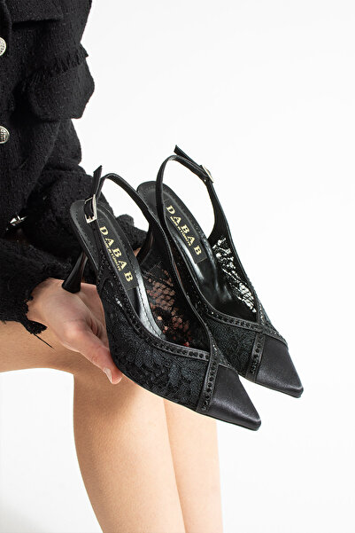 dabab shoes Laceora Women's Black Pointed Toe 10cm Heels Lace Textured Pearl ...