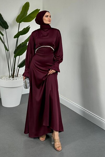 MERVEN AKYÜZ Silvana Beli Taşlı Arkası Büzgülü Abiye Mürdüm