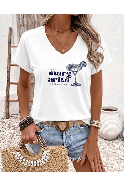 FUFLUNS Margarita Printed Women's Oversize V-Neck T-Shirt