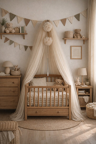 Mutlu Başlangıçlar Bebek Beşik Ponponlu Büyük Boy Cibinlik