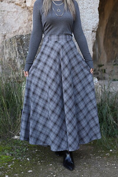 bytugcekaya Gray Plaid Pattern Skirt