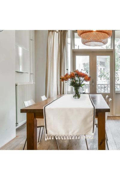 NDC HOME Raw Linen Black Stripe with Pompom 50 X 150 Cm. Cream Runner.