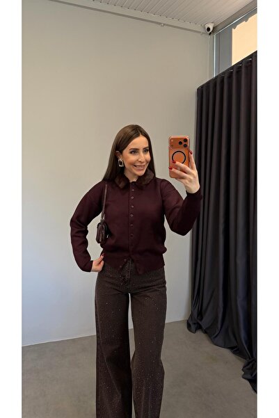elif teke Peluş Kürk Yakalı Triko Hırka Bordo