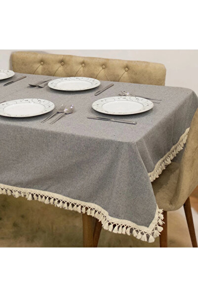 NDC HOME Gray Anthracite Cotton Linen Raw Pompom Tablecloth