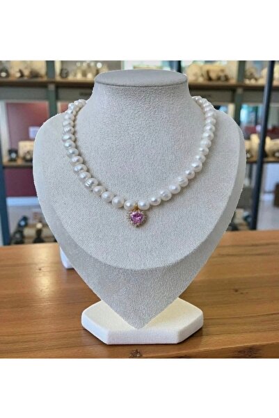 Taşmir Sertifikalı Doğal 8mm Inci Kolye Altın Kaplama Aparat Pembe Zirkon Kal...