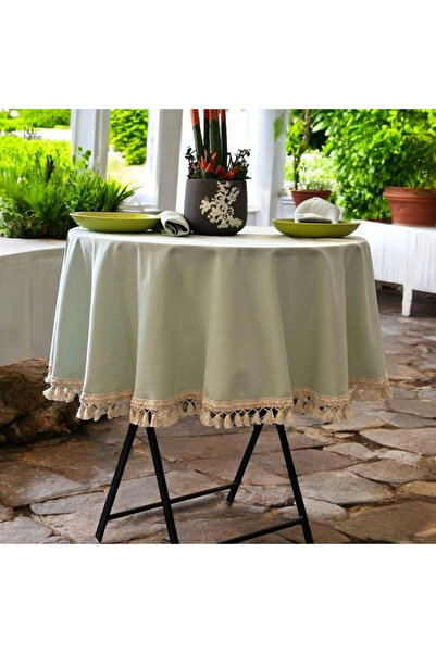 NDC HOME Premium Keten Adaçayı Yeşil YUVARLAK Ham Ponponlu Masa Örtüsü