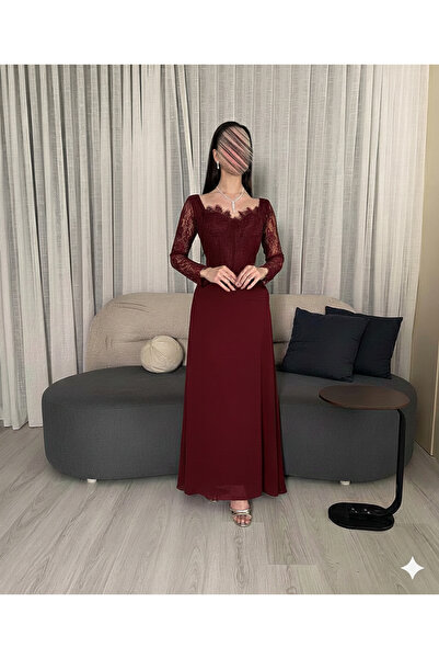 Anood Burgundy evening dress with lace sleeves