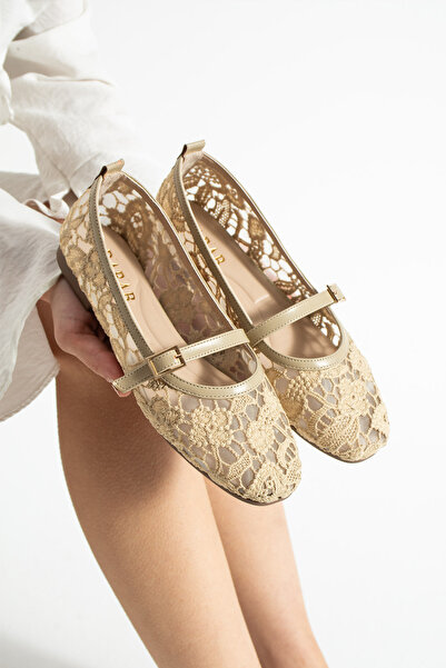 dabab shoes MERINA Γυναικεία Μπεζ ίσια παπούτσια μπαλαρίνας με δαντέλα με λου...