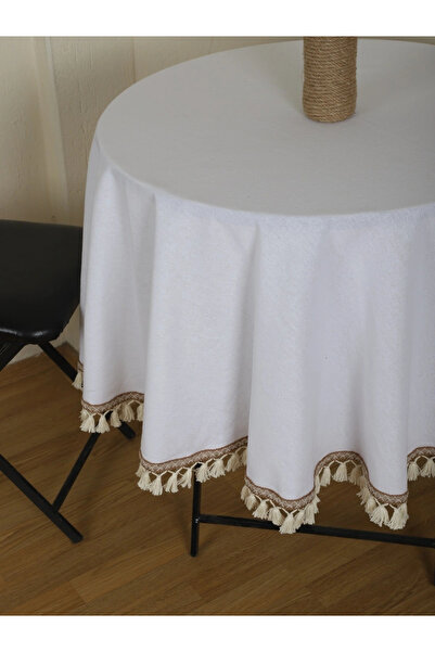 NDC HOME Кръгла покривка за маса с помпон от бял лен и райета