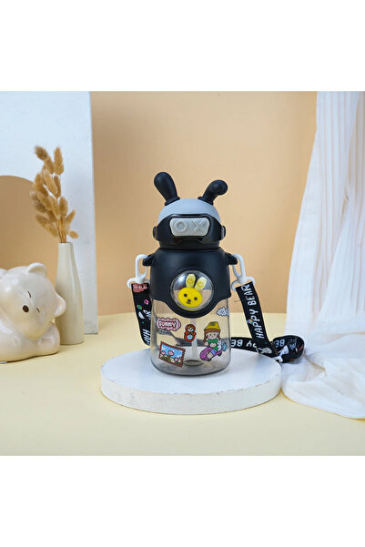 QUCCO قارورة ماء عالية الجودة على شكل أرنب رائد فضاء باللون الأسود مع ملصق هد...