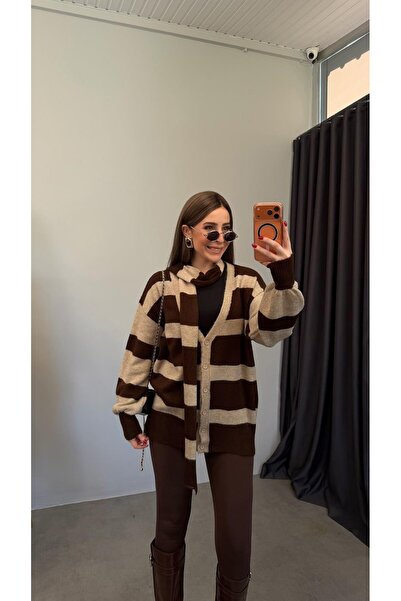 elif teke Kahve Çizgili Atkılı Hırka Acı Kahve