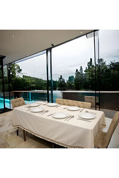 NDC HOME Raw Linen Organic Cream Brown Striped Pompom Tablecloth