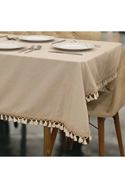 NDC HOME Beige Cotton Linen Brown Stripe Pompom Tablecloth