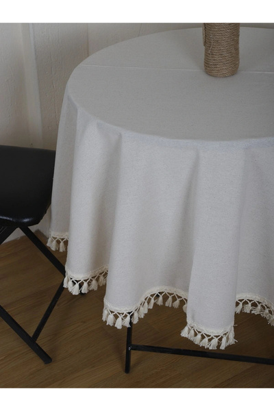 NDC HOME Бяла памучна ленена кръгла необработена покривка с помпони