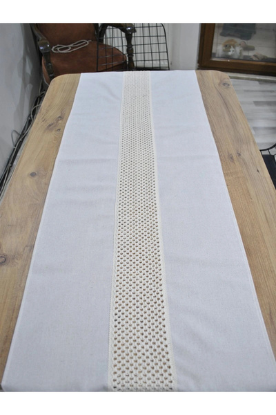 NDC HOME Ειδικής σχεδίασης Ακατέργαστη Λινά Κρέμα Runner με Δαντέλα και Πομπό...