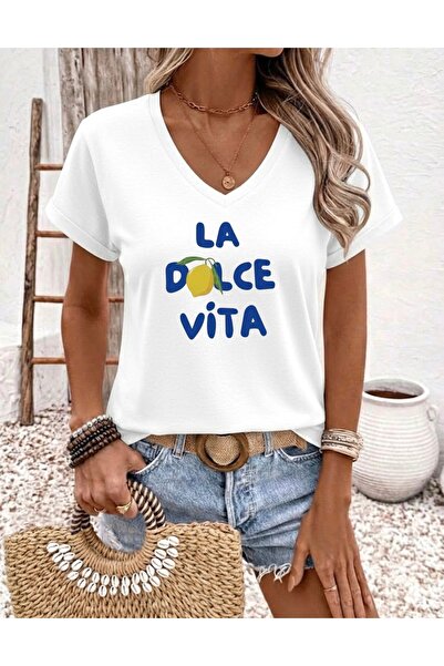 FUFLUNS تي شيرت LA DOLCE VITA مطبوع للسيدات برقبة على شكل حرف V كبير الحجم