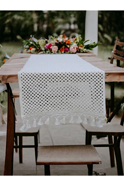 NDC HOME Special Design Cotton Knitted Lace Pompom Runner Table Cloth 45 X 150