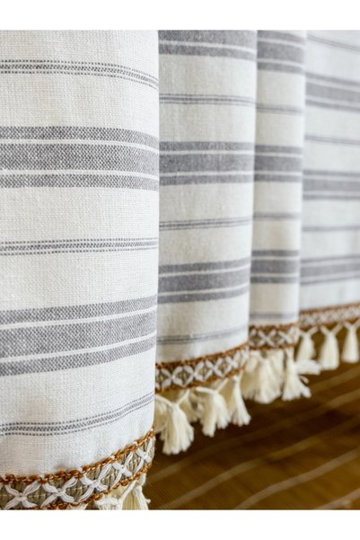 Onerose Home Striped Gray Striped Pompom Tablecloth