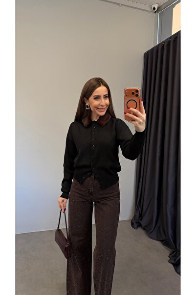 elif teke Peluş Kürk Yakalı Triko Hırka Siyah