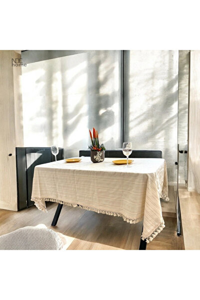 NDC HOME Cream Striped Linen Pompom Buldan Woven Tablecloth