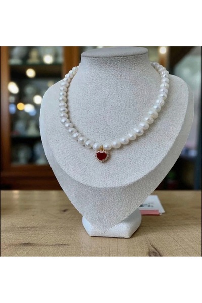 Taşmir Sertifikalı Doğal 8mm Inci Kolye Altın Kaplama Aparat Kırmızı Zirkon K...