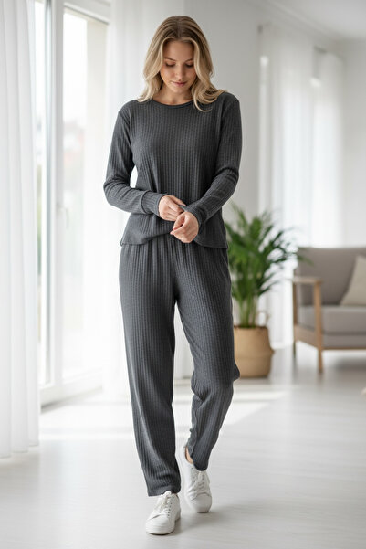 FEG STORE Anthracite Soft Textured Corded Fabric Long Sleeve Women's Pajamas Set