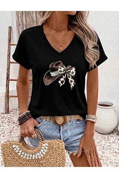 FUFLUNS Ribbon Hat Printed Women's Oversize V-Neck T-Shirt