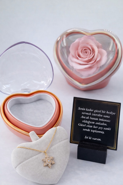 aromahediye Rotating Snowflake Necklace in a Rotating Rose Heart Box for Moth...