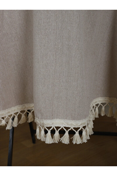 NDC HOME Beige Raw Pompom ROUND Tablecloth
