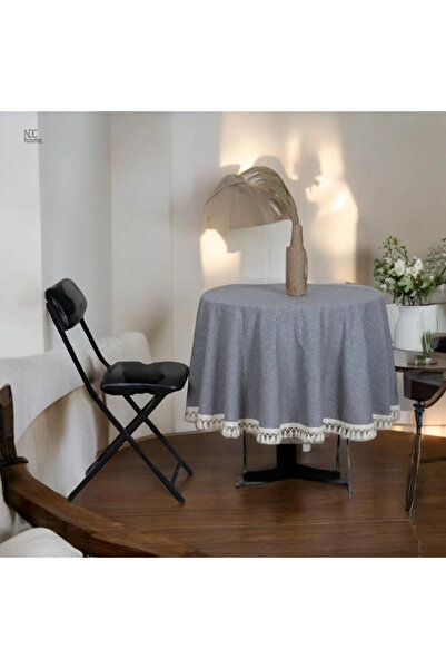 NDC HOME Gri Antrasit Keten Yuvarlak Masa Örtüsü (ham Ponponlu)