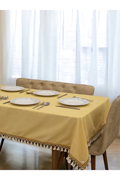 NDC HOME مفرش طاولة بوم بوم مخطط من القطن والكتان الأصفر باللون البني