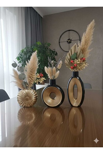 TAŞ VE ATEŞ Taş Tozu El Yapımı Siyah Ve Altın Boyalı Dekoratif Biblo Obje Üçl...