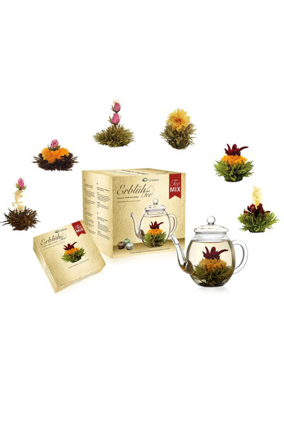 Creano blooming tea gift set with 500 ml glass teapot, 6 varieties of white/g...