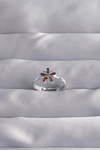 Inure Jewelry خاتم نحاسي فضي اللون مرصع بأحجار الزركون الملونة