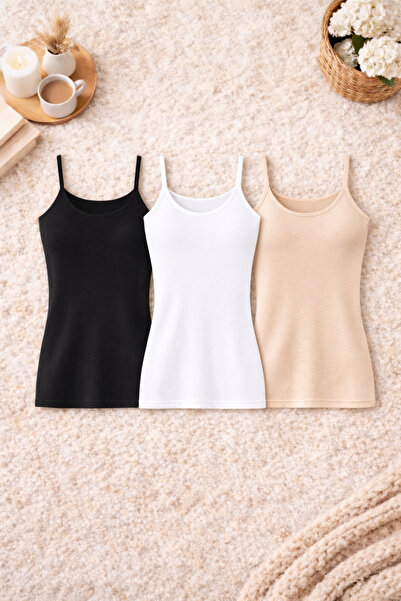 ROZELT Women's Cotton Stretch Fabric Thread Strap Black&White&Skin Combed Cot...