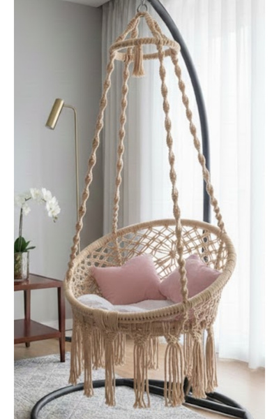 WOODSHUT Tek Kişilik Makrome El Örgüsü Salıncak (Bej) SADECE SALINCAK MİS3800...