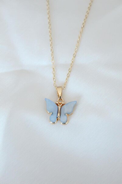 Inure Jewelry Gold Color Plated Ice Blue Color Pearlescent Butterfly Necklace