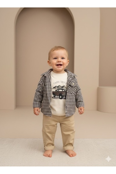 ANNA BABBA Baby Boy Shirt Suit Plaid Pattern 3 Pieces 100% Cotton