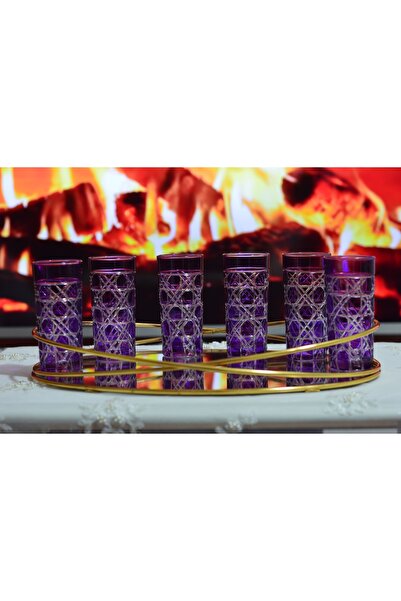 CAM MOR RENK 6'LI KRİSTAL KESME İŞLEMELİ KAHVE YANI BARDAK