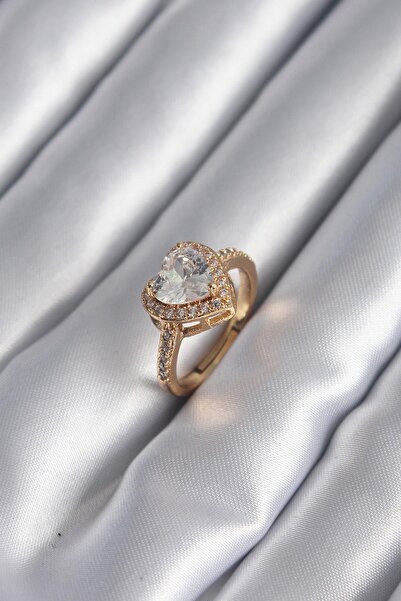 Inure Jewelry Brass Gold Color Zircon Stone Heart Charm Model Women's Ring