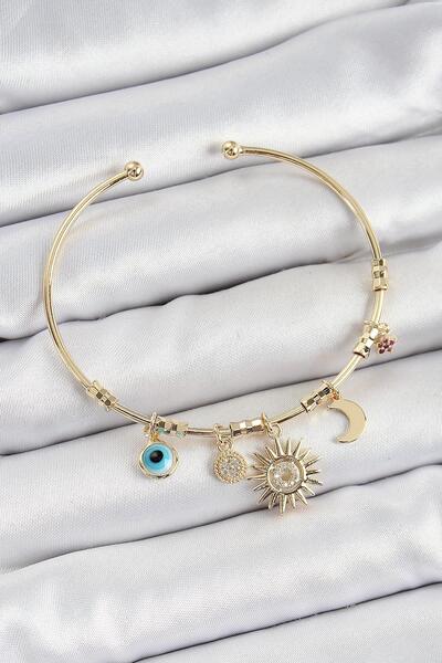 Inure Jewelry Brass Zircon Stone Sun Moon Evil Eye Model Gold Color Charm Bra...