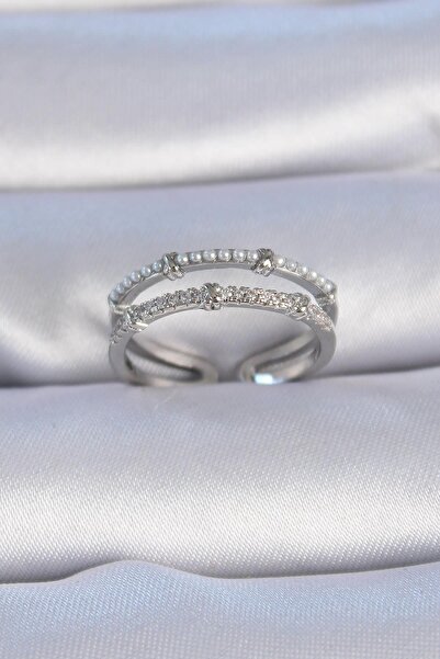 Inure Jewelry خاتم نسائي من النحاس الفضي اللون مرصع بالزركون واللؤلؤ