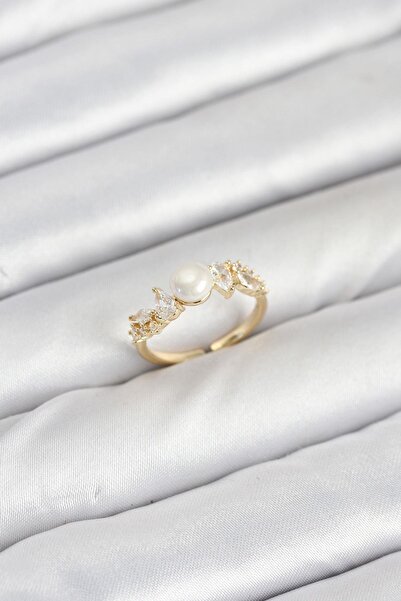 Inure Jewelry Brass Gold Color Zircon Stone Pearl Model Women's Ring