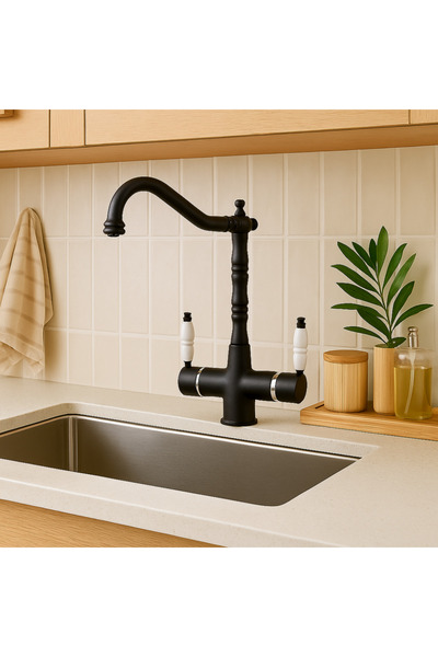 banyosepeti صنبور مطبخ فالنت ديو مات أسود مُحسّن - ذراعان، موفر للمياه