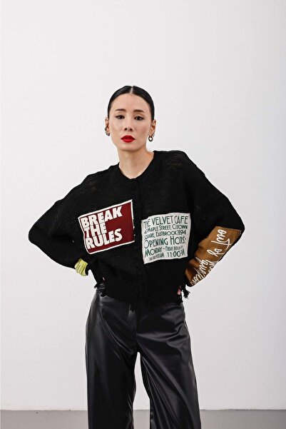 ibeeka Women's Clothing Black Color Design Applique Detailed Slogan Written S...