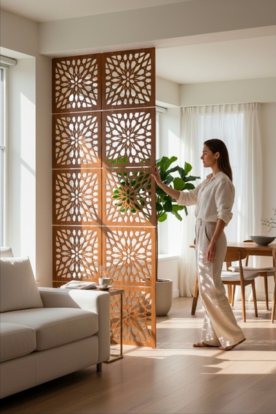 woodmomente Lazer Kesim 4’lü Ahşap Paravan 40x40 cm | Ceviz Renk 3 mm MDF