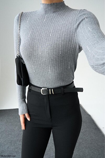 CADDELAMODA Women's Mock Neck Stone Detailed Premium Knitwear